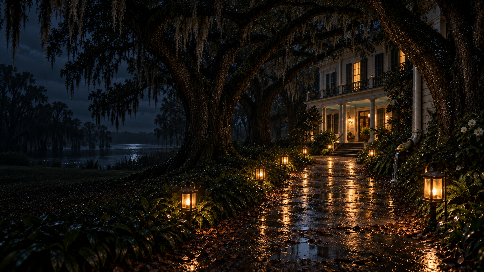 A rain-dark live-oak allée leads toward a warmly lit Louisiana mansion with haint-blue porch details; a bayou glimmers beyond the house and a small brass fish finishes a drainpipe near the steps.
